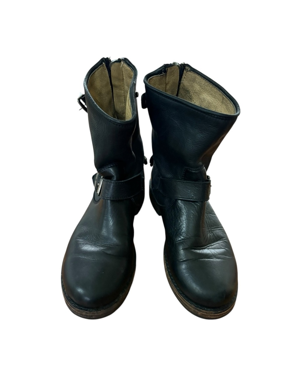 FRYE Veronica Black Leather Back Zip Short Harness Moto Boots Size 6.5